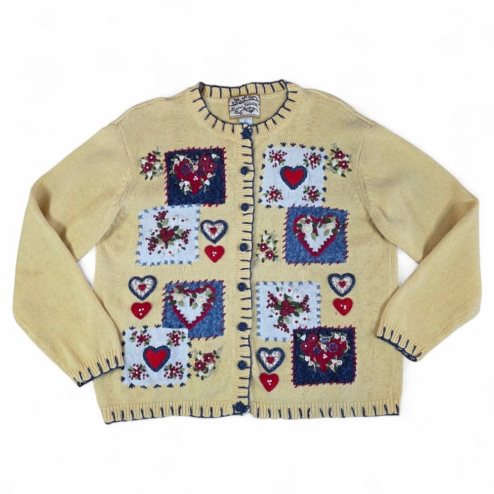 Vintage Heirloom Embroidered Heart Button Front Cardigan Sweater Cottagecore L